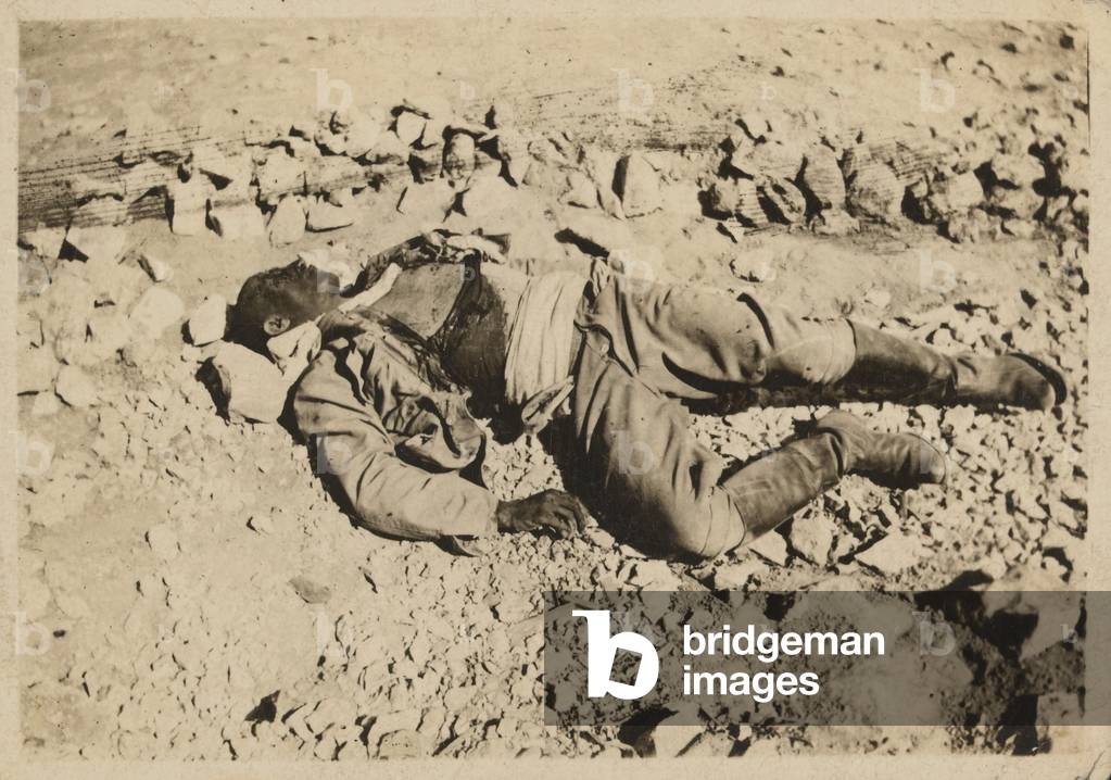 A dead Turkish Officer, Gaza, 2 November 1917 (b/w photo)