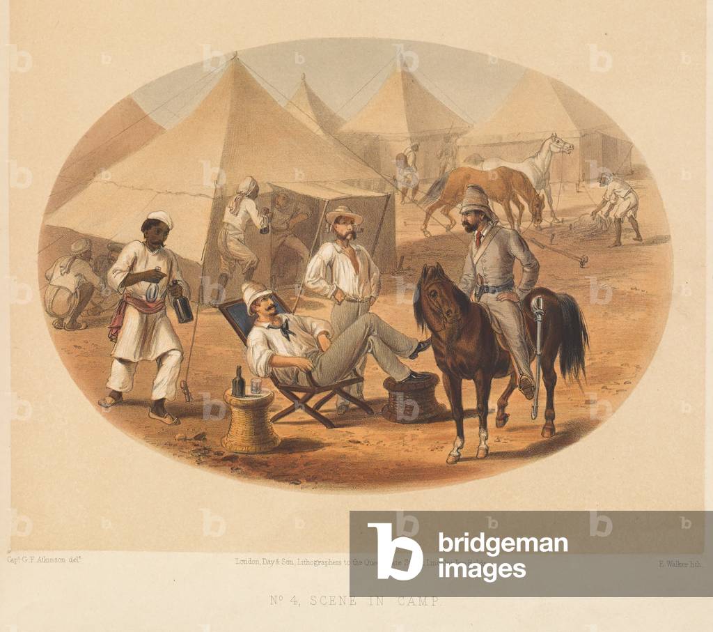 Camp scene, Indian Mutiny, 1857-1858 circa (coloured lithograph)