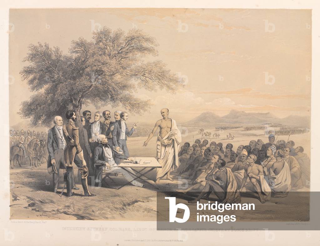 Interview between Col Hare, Lieut. Governor, and the Caffre Chiefs, at Block Drift, 1846 (coloured lithograph)