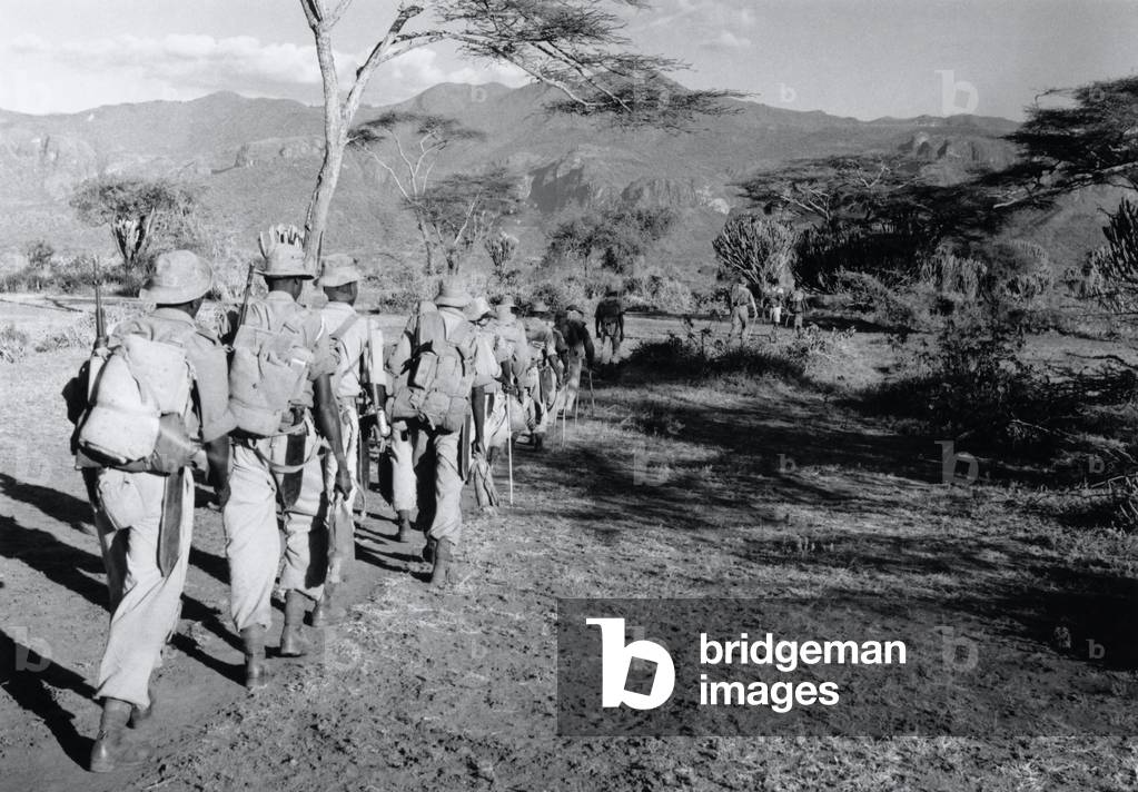 Safari by A Company, 4th Bn Kings African Rifles, from the Sudan border, Northern Karamoja to Morote, 1956 (b/w photo)