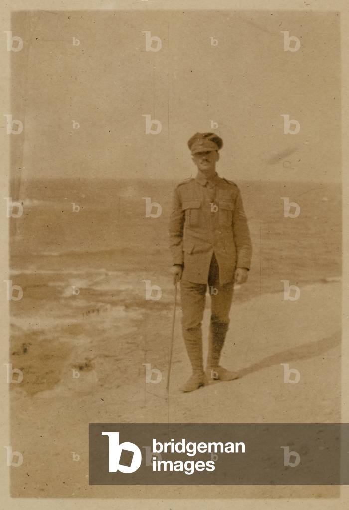 Corporal Joseph Egerton on the beach at Cleopatra, Egypt, 1916 (b/w photo)