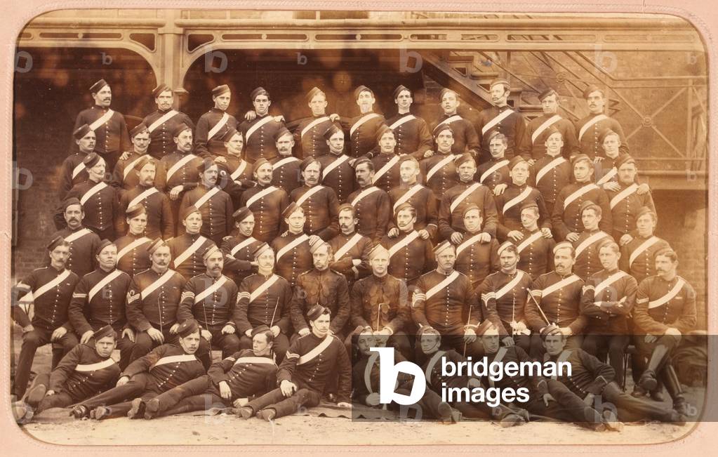 Soldiers of the 1st (Royal) Dragoons in stable dress, Aldershot, 1888 (b/w photo)