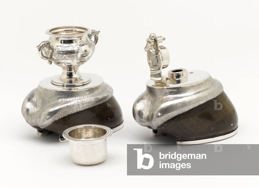 Silver mounted desk set of two polo ponys hooves, Captain J F Sherer, 1865 circa (silver)
