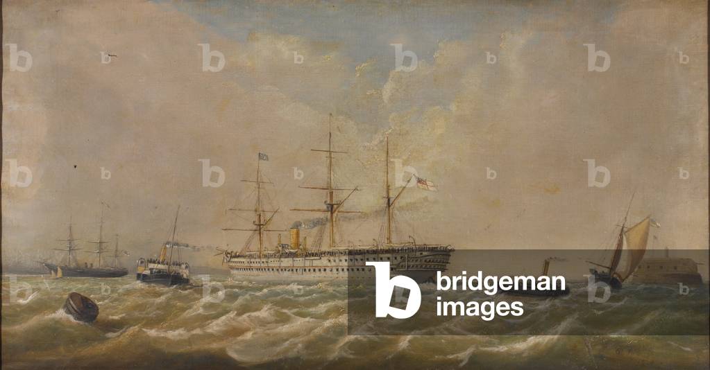 HM Troopship Euphrates arriving in Spithead from Bombay, 5th Dec, 1879, bringing home the 3rd (East Kent, The Buffs) Regiment of Foot (oil on canvas)