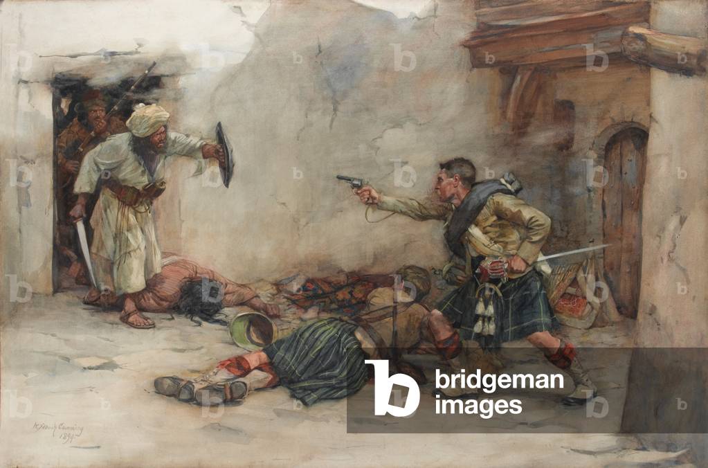 Drummer James Roddick of the 92nd Gordon Highlanders, defending Lieutenant Menzies during hand-to-hand fighting in Kandahar, 1880 (watercolour over pencil)