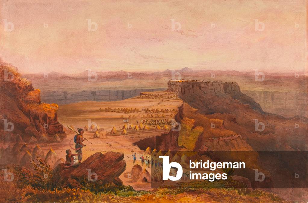 Magdala, view from Selassie, overlooking the camp of King Theodores army on the plateau of Salamji, Abyssinia, 1868 (w/c)