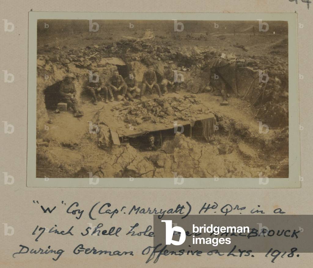 “W” Coy (Capt. Marryatt) Hd Qrs in a 17 inch shell hole near HAZEBROUCK During German Offensive on LYS, 1918 (b/w photo)
