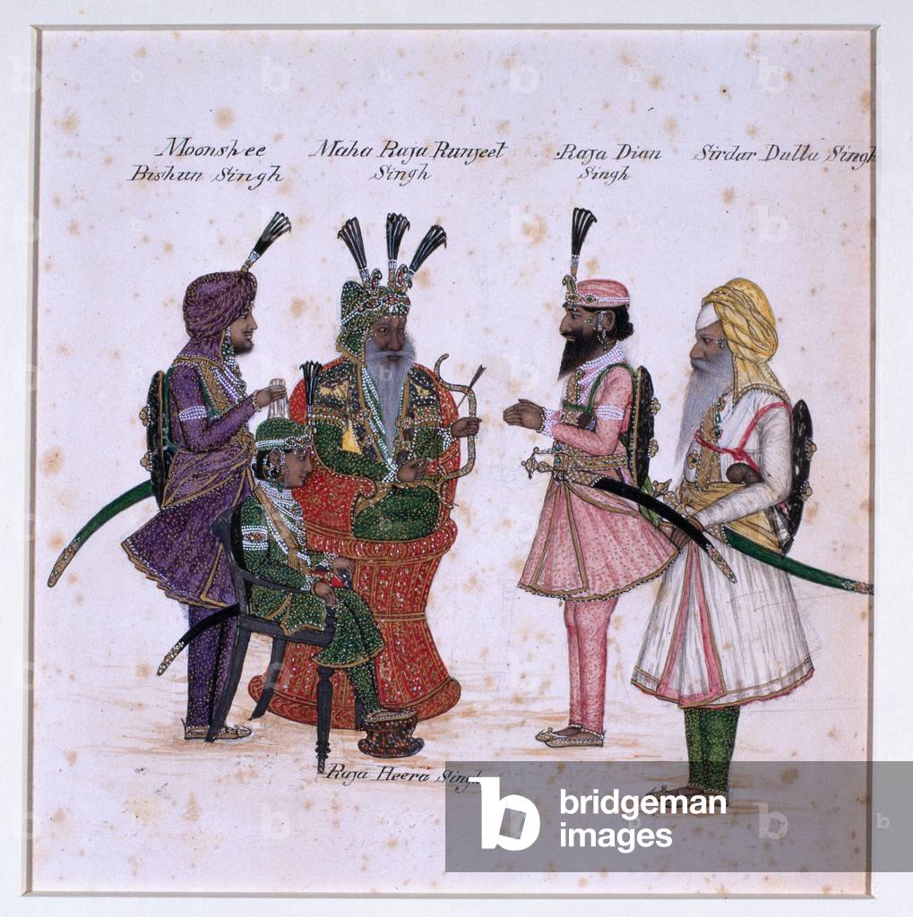 Moonshee Bishun Singh, Maha Raja Ranjeet Singh, Raja Dian Singh, Sirdar Dulla Singh, 1850 circa (w/c)