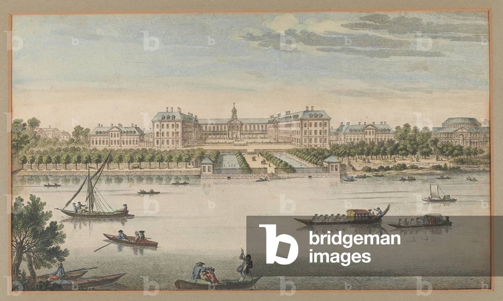 Royal Hospital Chelsea, View from the River, 1750 circa (coloured engraving)
