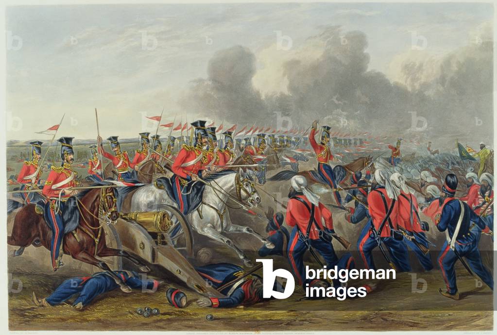 Charge of the 16th (Queen's Own) Lancers at the Battle of Aliwal on 28th January 1846 (colour aquatint)