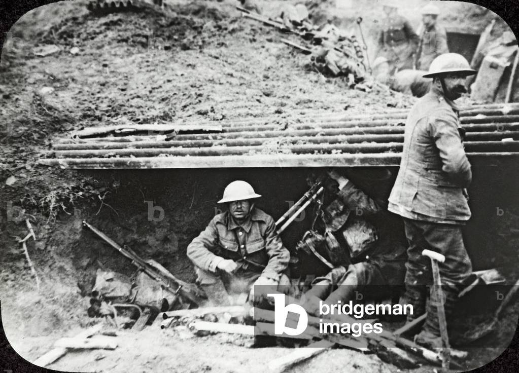 Resting in a dugout, 9 April 1917 (lantern slide)