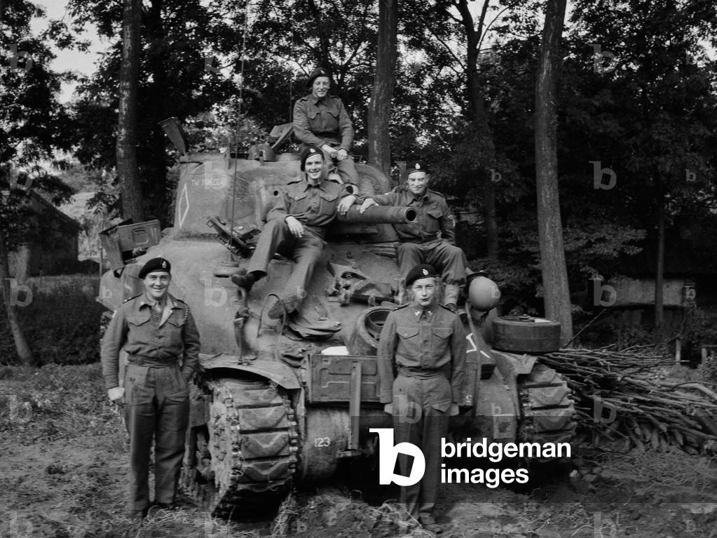 The Yokel, Sherman tank and crew, 3rd/4th County of London Yeomanry (Sharpshooters), 1944 (b/w photo)