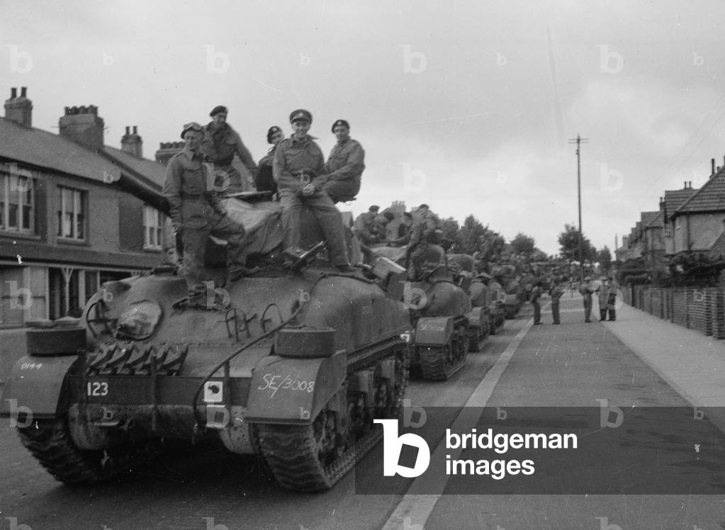 Waterproofed Sherman tanks of 3rd County of London Yeomanry at Worthing, Operation OVERLORD, 1944 (b/w photo)