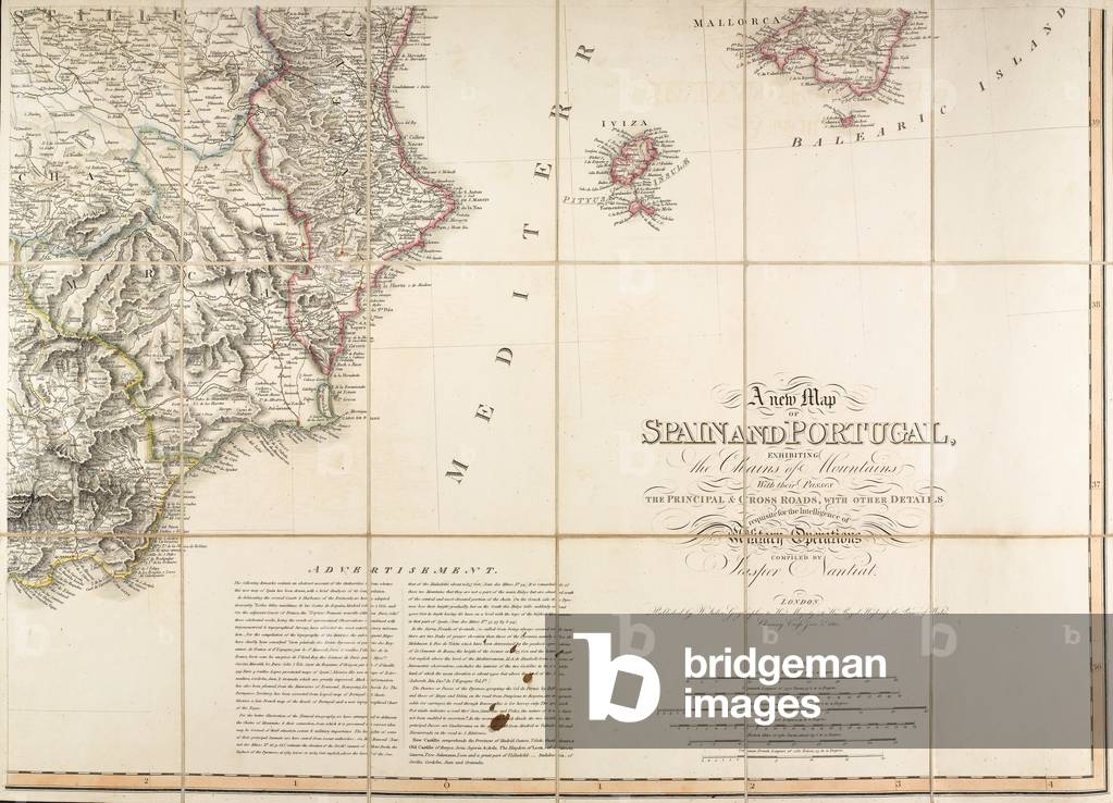 Map of Spain said to have been used by the Duke of Wellington, 1808-14 (coloured engraving)