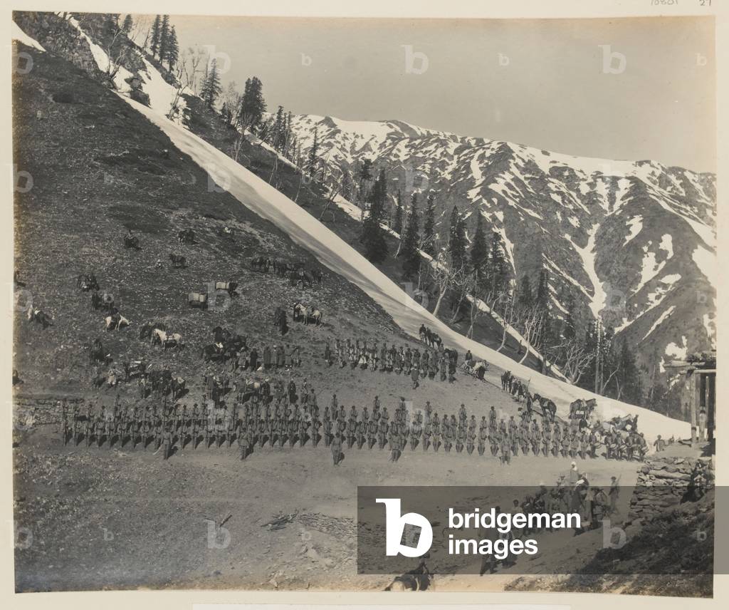 Mehtar of Chitral receiving Chief Commissioner on top of the Lowarai Pass, 1919 (b/w photo)