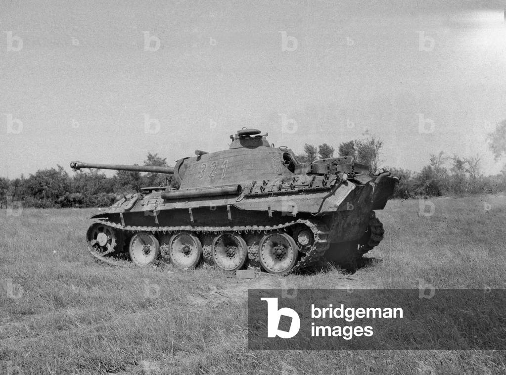 Knocked out German Panther tank, Normandy, 1944 (b/w photo)