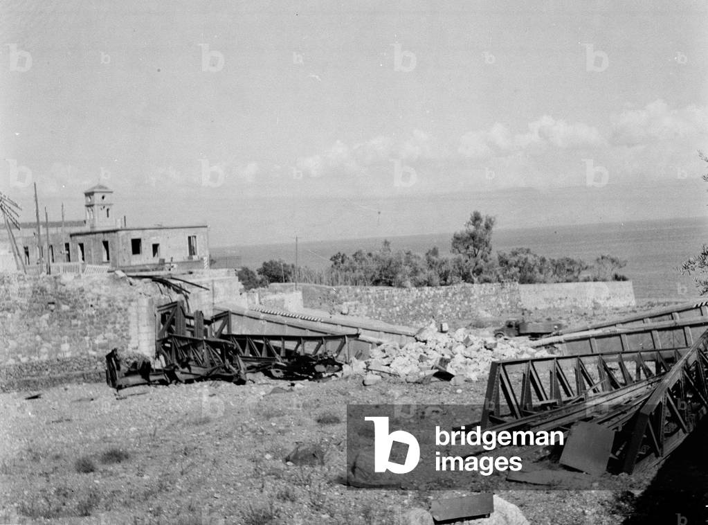 Damaged railway bridge near Messina, Sicily, 1943 (b/w photo)