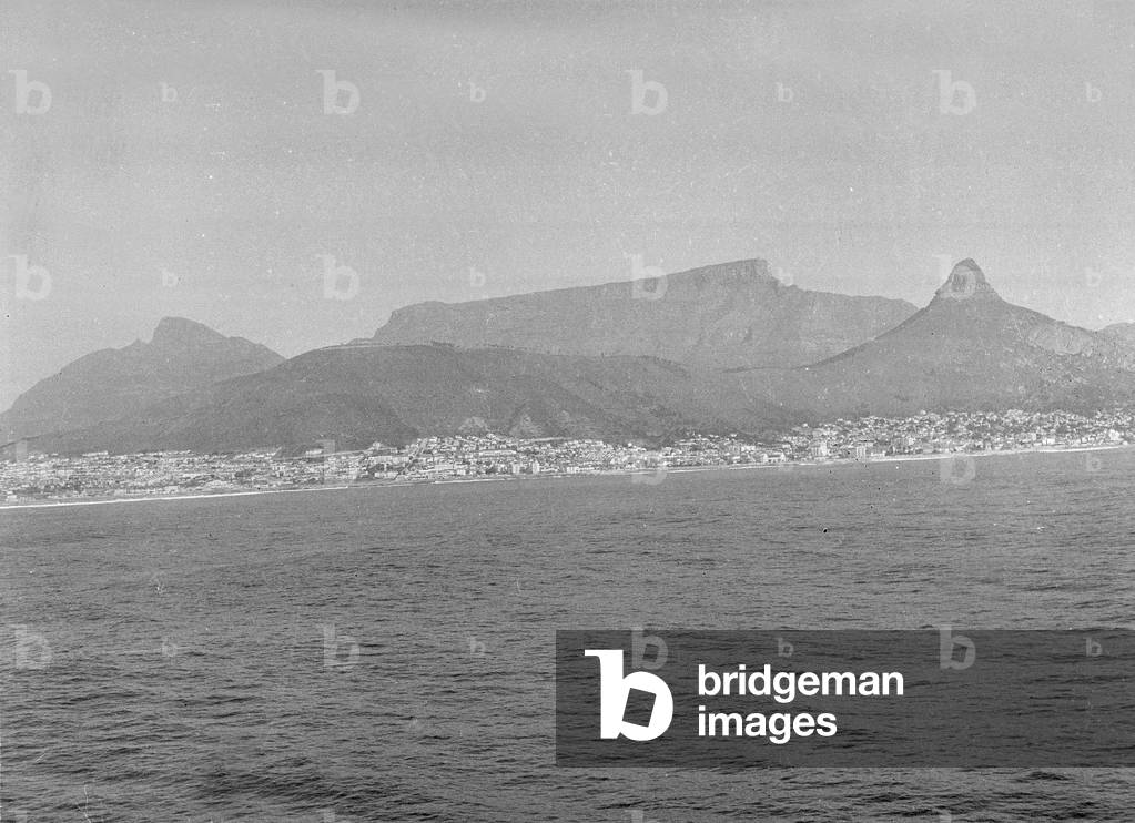 Cape Town [and] Table Mountain from Table Bay, Cape Town, from HMT Orion, en route to Egypt, 1941 (b/w photo)