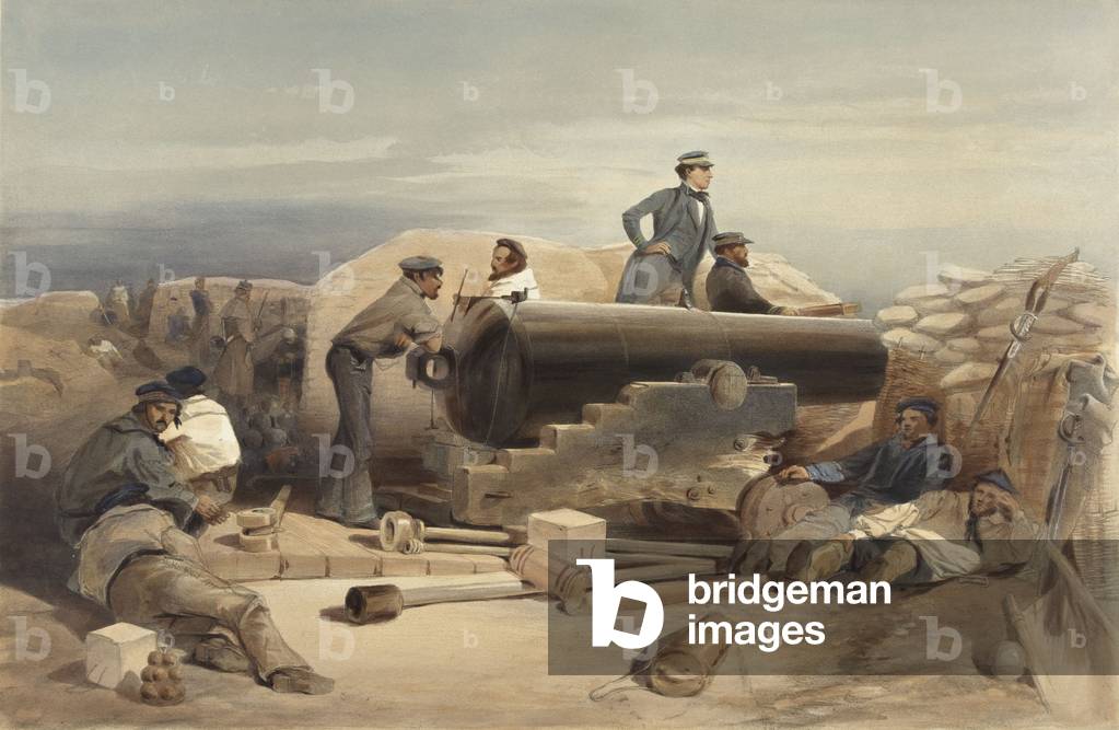 A 68-pounder Lancaster gun in the siegeworks outside Sevastopol, 1854 (colour litho)