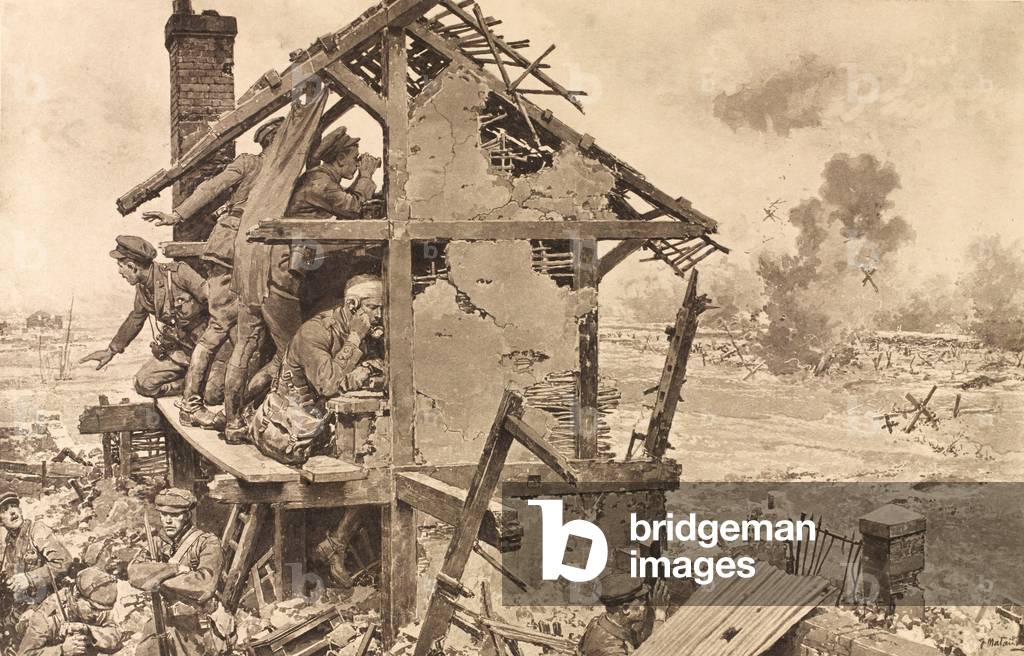 In a British Advanced Observation Post : How artillery fire is observed and corrected, 1916 (photogravure)