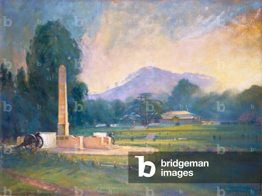 The Punjab Frontier Force Memorial on the Maidan at Kohat, erected in memory of the officers and the officers and men killed during the two World Wars, 1955 circa (oil on board)