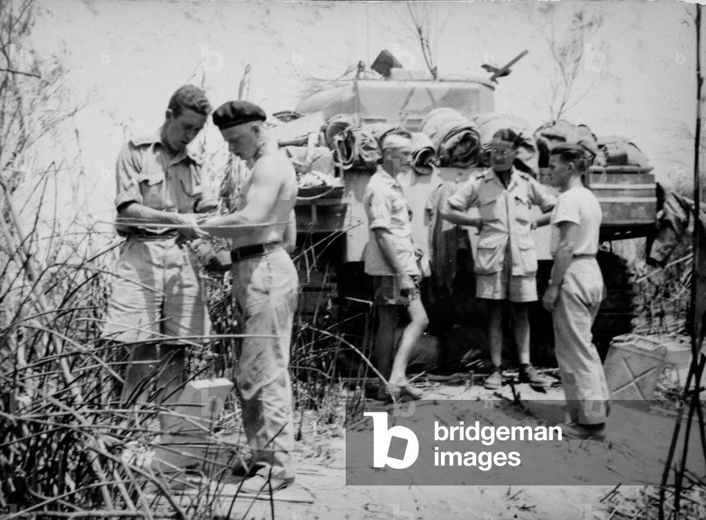 Sick parade in the bullrushes, 3rd County of London Yeomanry (Sharpshooters), River Simeto, Sicily, 1943 (b/w photo)