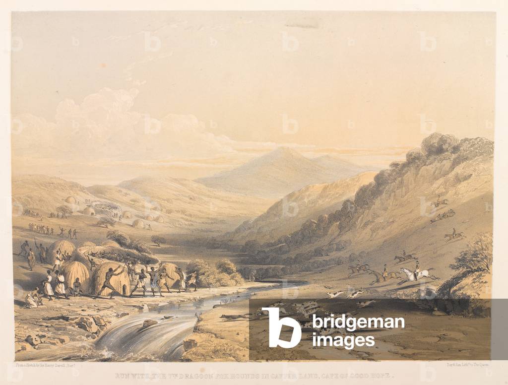 Run with the 7th Dragoon foxhounds in Caffir Land, Cape of Good Hope, 1843-1847 (coloured lithograph)