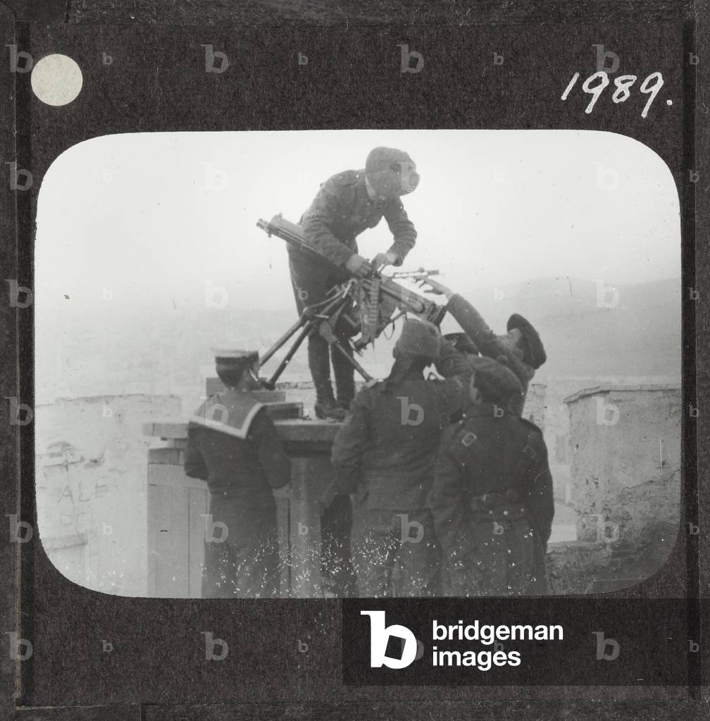 A Vickers machine gun used in an anti-aircraft role on the white tower, Salonika, 1 January, 1917 (lantern slide)