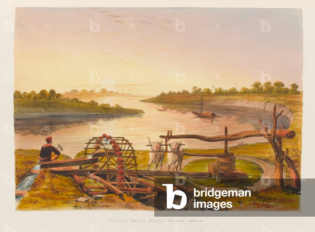 Persian Water Wheel on the Indus, 1838 circa (coloured lithograph)