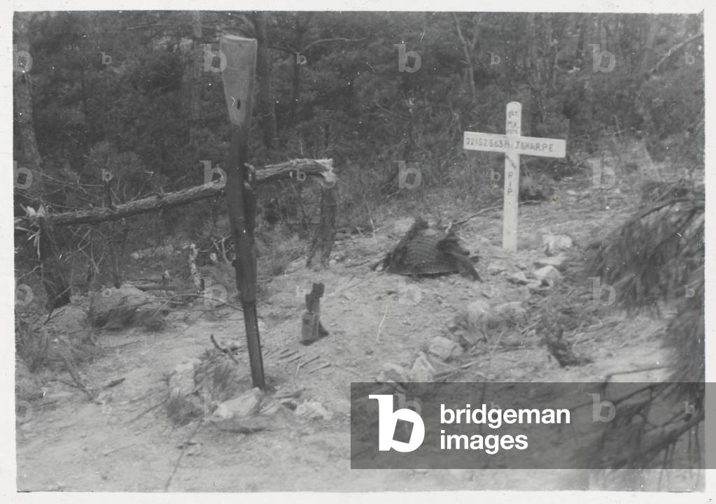 Grave of 19 year old National Serviceman Private J Sharpe, Middlesex Hill, 1950 (b/w photo)