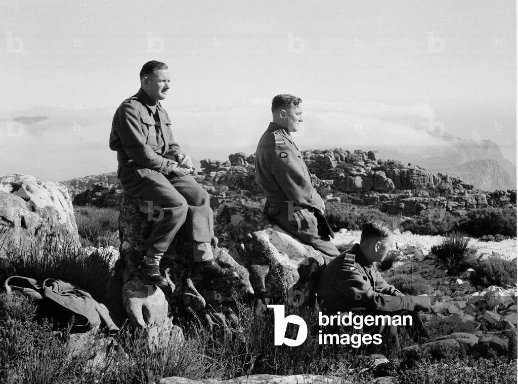 Jenner Jones. Freddie Crowley. John Grimwade, Table mountain, 3rd County of London Yeomanry (Sharpshooters) shore leave, Cape Town, en route to Egypt, 1941. (b/w photo)