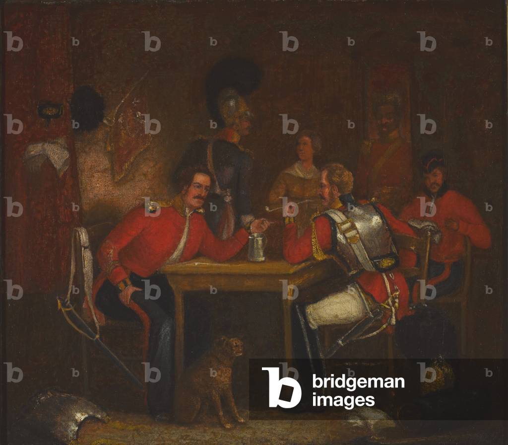 Interior of Guard Room, with soldiers of the Life Guards and Royal Horse Guards, 1840 circa (oil on canvas)