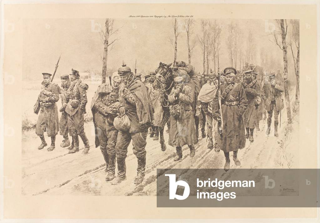 Winter Conditions in the Yser Country: A scene on the snow-covered road leading to the rear, 1916 (photogravure)