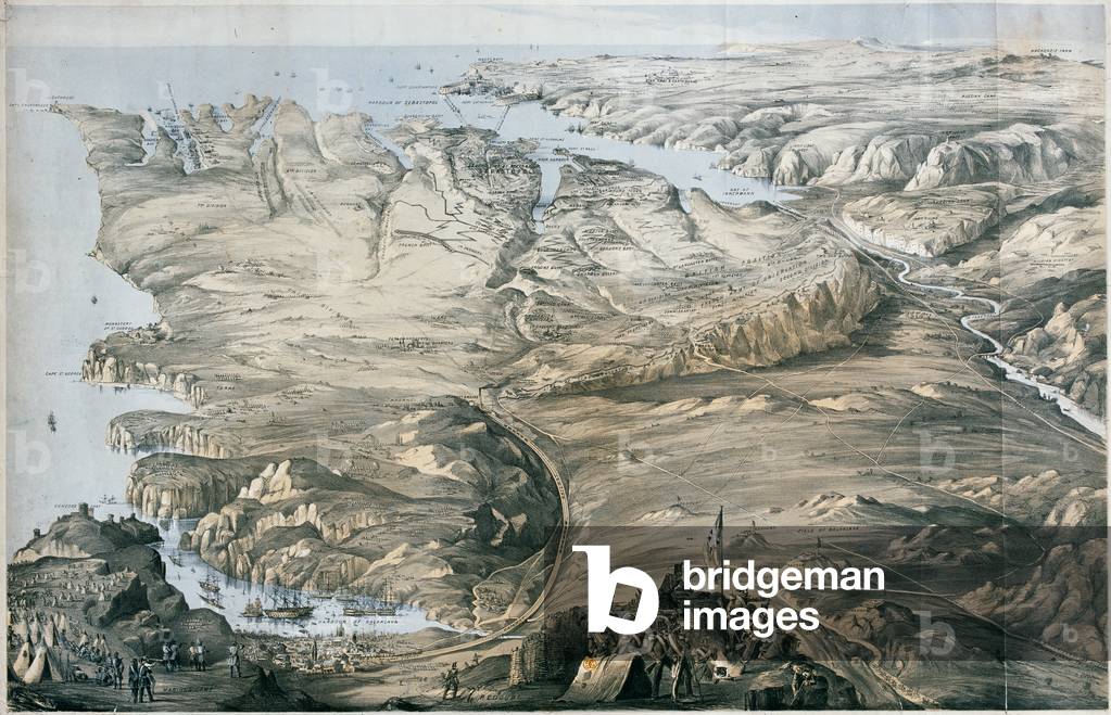 Panoramic view of the entrenchment of Allied Armies of England and France before Sebastopol (lithograph, tinted)