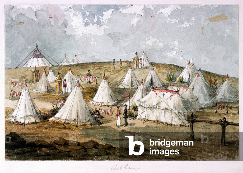 Chobham, Colonel Hodges, tent Grenadier Guards Encampment. The Queens tent over the Hill (w/c)