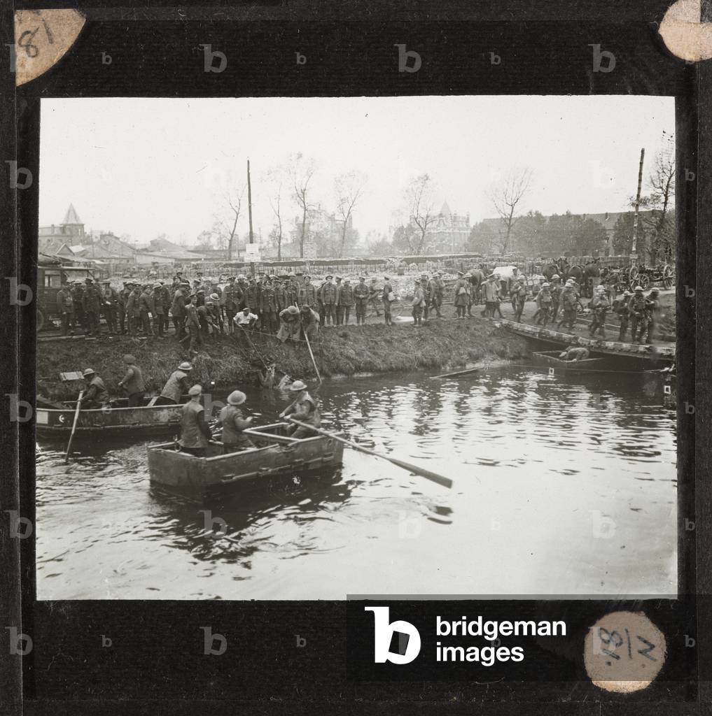 Crossing a pontoon bridge over the River Scarpe at St. Amand, October 1918 (lantern slide)