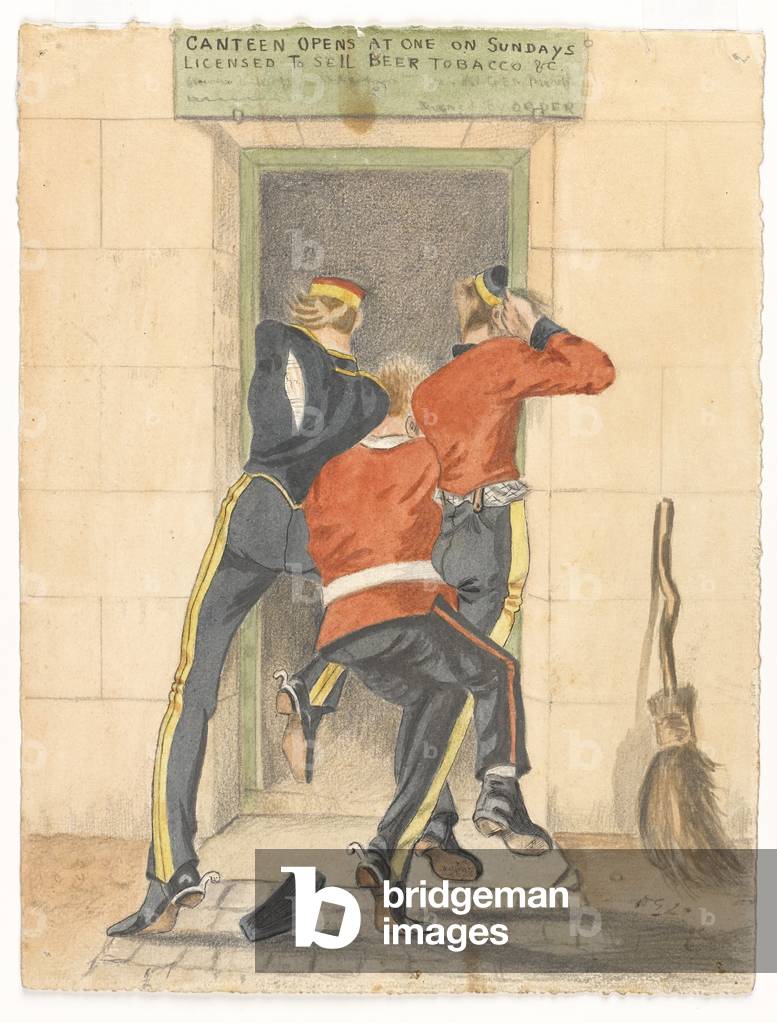 A hussar, an infantryman and a dragoon, all in undress uniform, scrambling for the entrance of a canteen, c.1890 (w/c on paper)