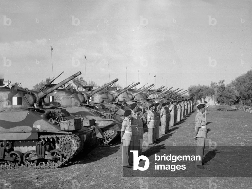 Inspection of tanks and crews of A Squadron 3rd County of London Yeomanry (Sharpshooters) by Brigadier John Currie, Commander of 4th Armoured Brigade, Misterbianco, Sicily, 1943 (b/w photo)