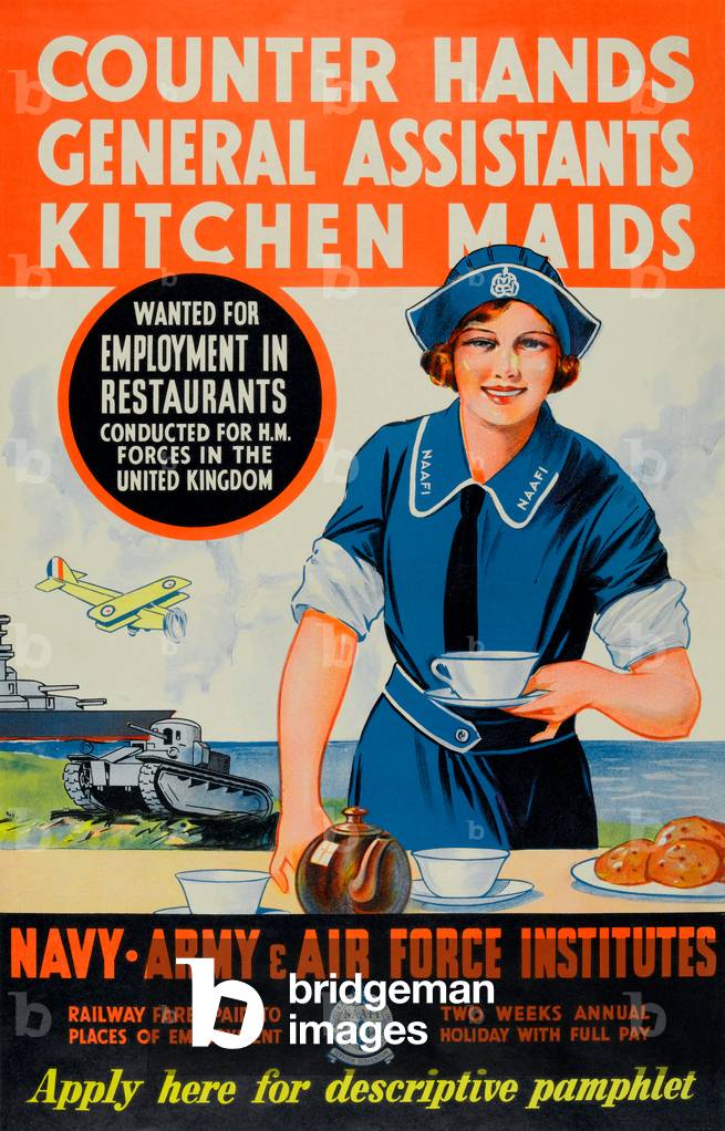 Recruiting poster, Navy, Army and Air Force Institutes (NAAFI), 1930 circa (colour litho)
