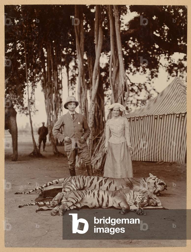 Lord and Lady Curzon with First Day's Bag, Nekonda, Hyderabad 1902 (b/w photo)