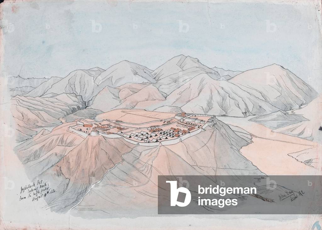 Jugdullack Post looking North from the high picket August 9th 1880 (pen and ink and watercolour)