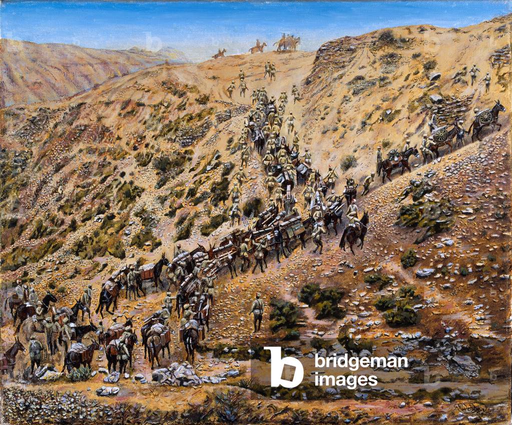 7th (Bengal) Mountain Battery going into action near Kaniguram, Waziristan 1920 (oil on canvas)