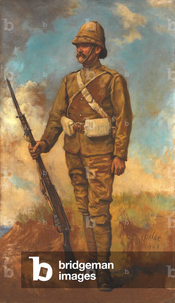 A British Infantryman in marching order, 1905. (oil on canvas)