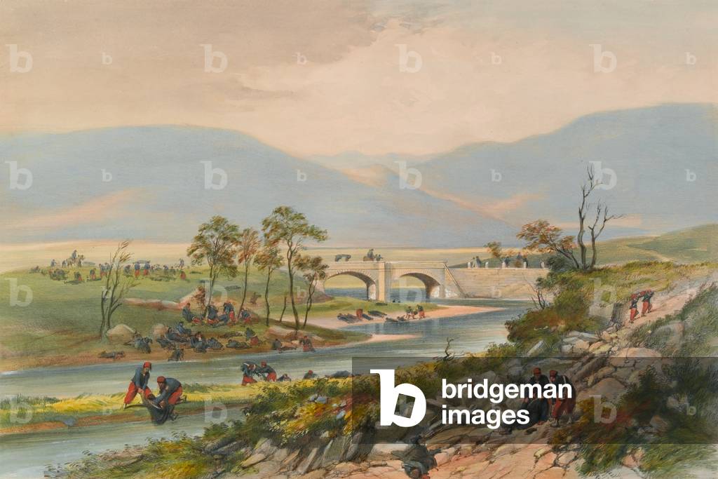 Traktir Bridge after the Battle of Tchernaya, 1855 (coloured lithograph)