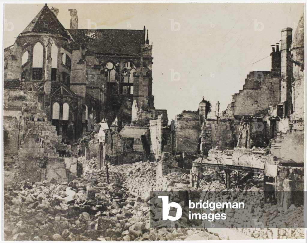 An aspect of Soissons with the martyred Cathedral in the background, 9 October 1918 (b/w photo)