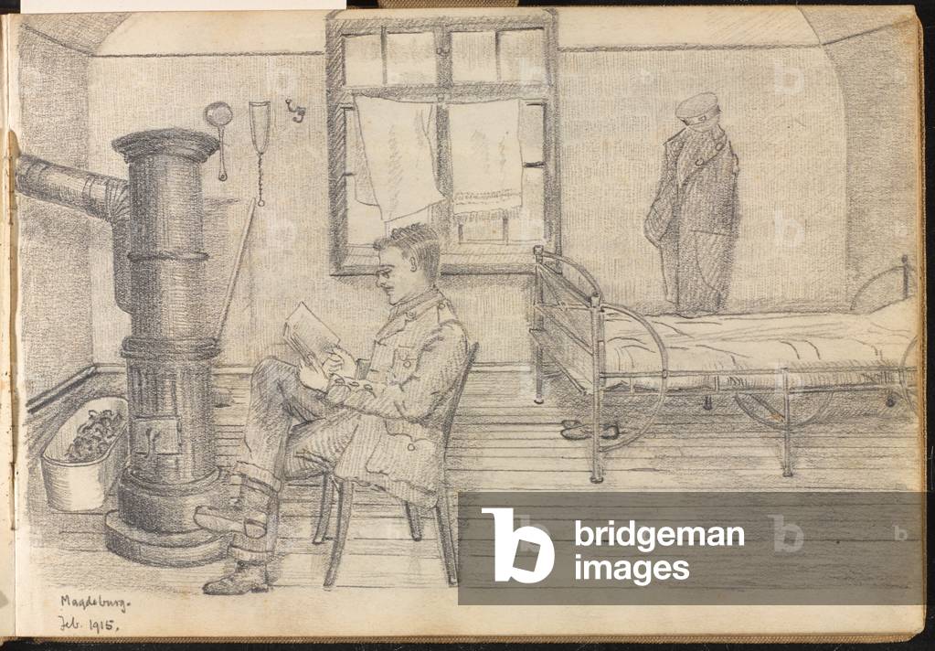 A British officer in his hut at Magdeburg camp, February 1915

 (drawing)