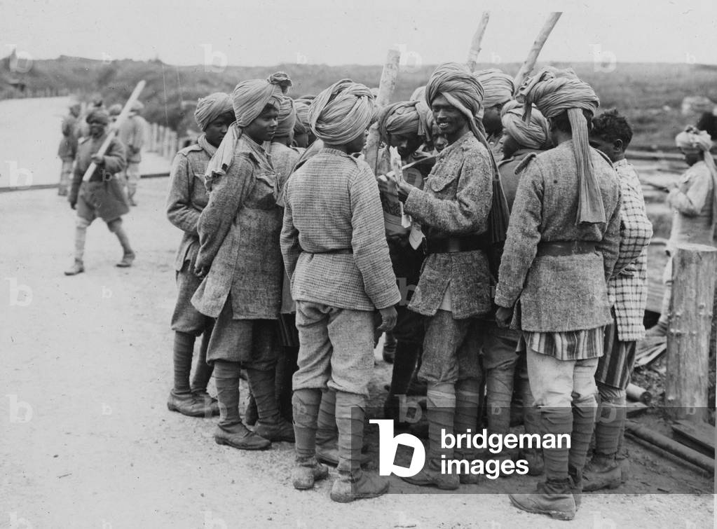 Burmese troops receive their mail at Contalmaison, Autumn 1917 (b/w photo)