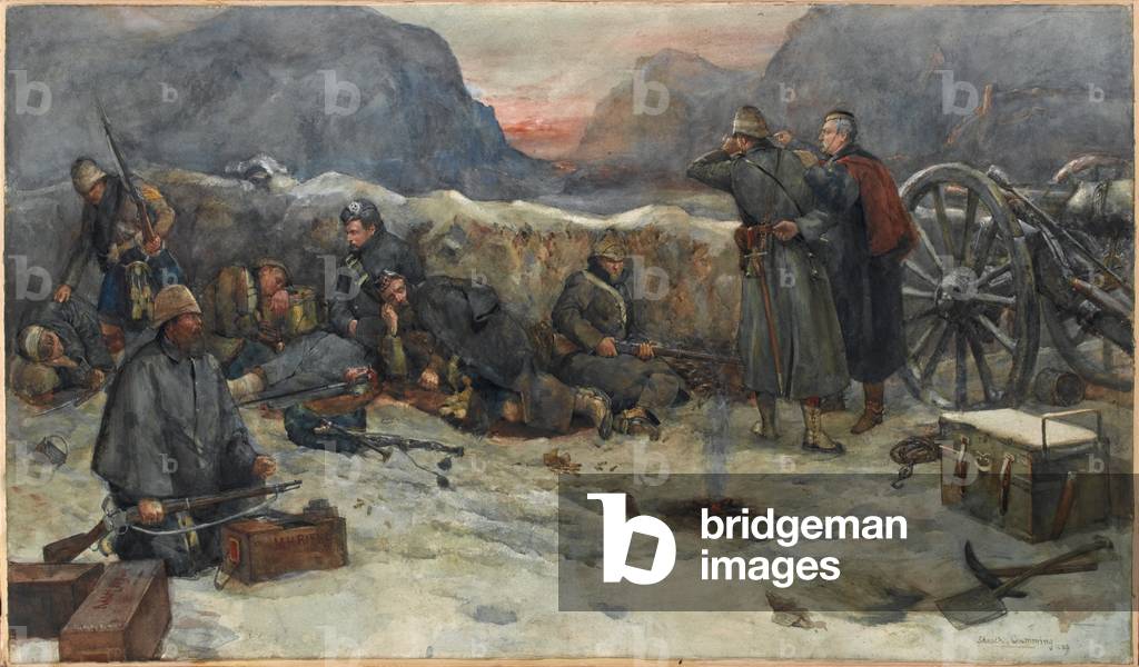 The Gordon Highlanders: Daybreak in the trenches, 1879 (pencil and watercolour)