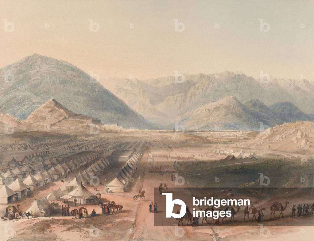 Encampment of the Kandahar Army, under General Nott, outside the Walls of Caubul [sic], 1842 (colour litho)