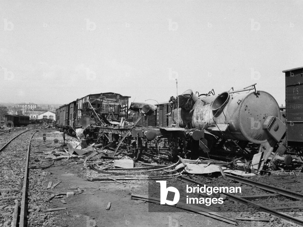 Bombed railway marshalling yards, Catania, Sicily, 1943 (b/w photo)